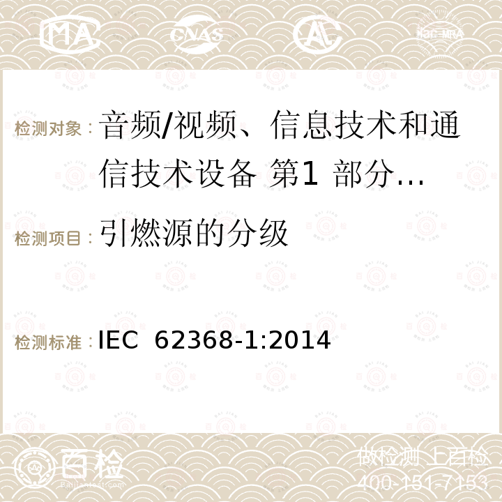 引燃源的分级 音频/视频、信息技术和通信技术设备 第1 部分：安全要求 IEC 62368-1:2014