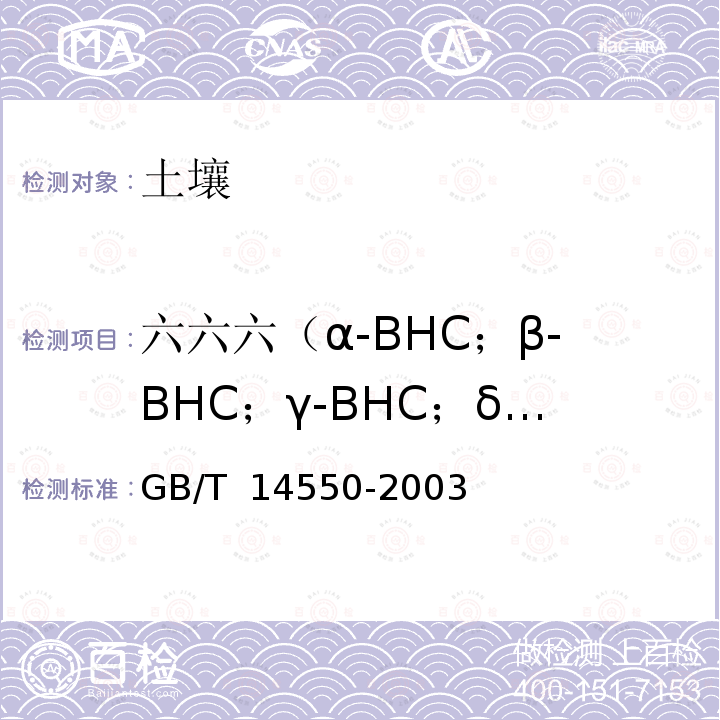 六六六（α-BHC；β-BHC；γ-BHC；δ-BHC） GB/T 14550-2003 土壤中六六六和滴滴涕测定的气相色谱法
