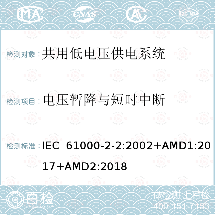 电压暂降与短时中断 电磁兼容性 -环境-公用低压供电系统低频传导骚扰及信号传输的兼容水平 IEC 61000-2-2:2002+AMD1:2017+AMD2:2018