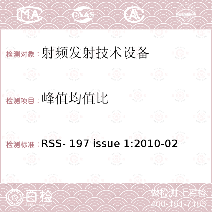 峰值均值比 RSS-197 ISSUE 操作在3650-3700MHz对的无线宽带接入设备 RSS-197 issue 1:2010-02