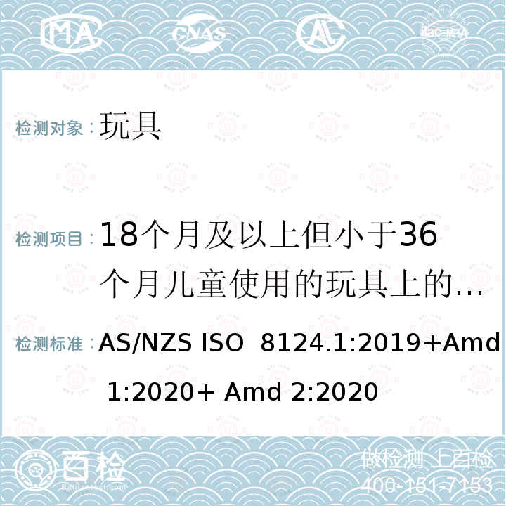 18个月及以上但小于36个月儿童使用的玩具上的绳索 AS/NZS ISO 8124.1-2019 玩具安全标准第一部分：机械和物理性能 AS/NZS ISO 8124.1:2019+Amd 1:2020+ Amd 2:2020