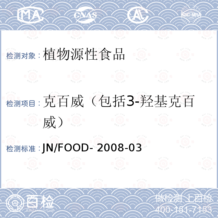 克百威（包括3-羟基克百威） 植物源性食品中多种农药残留量的测定  JN/FOOD-2008-03 