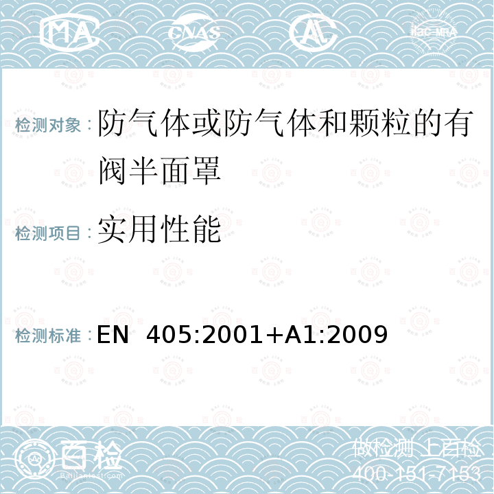 实用性能 EN 405:2001 呼吸防护用品 防气体或防气体和颗粒的有阀半面罩要求、试验和标记 +A1:2009