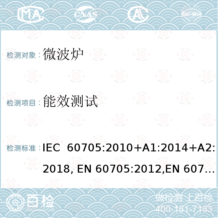能效测试 家用微波炉 -性能测试方法 IEC 60705:2010+A1:2014+A2:2018, EN 60705:2012,EN 60705:2015+A2:2018