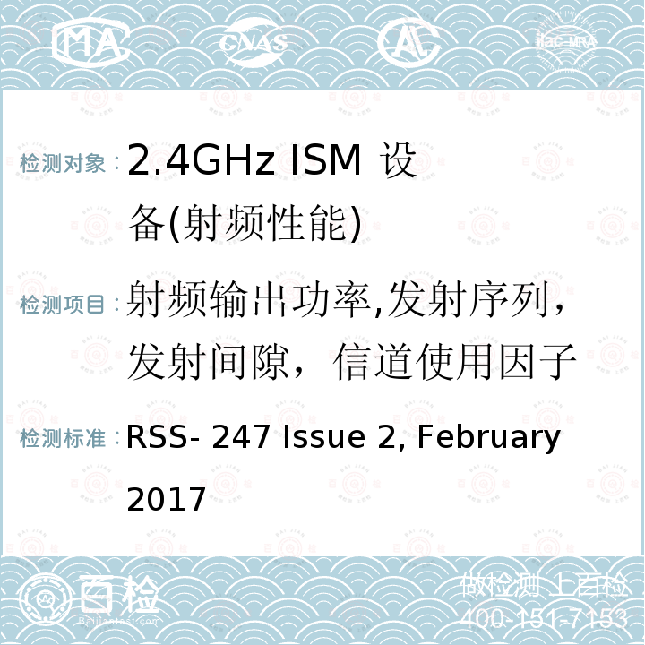 射频输出功率,发射序列，发射间隙，信道使用因子 RSS-247 ISSUE 《无线电发射设备参数通用要求和测量方法》 RSS-247 Issue 2, February 2017