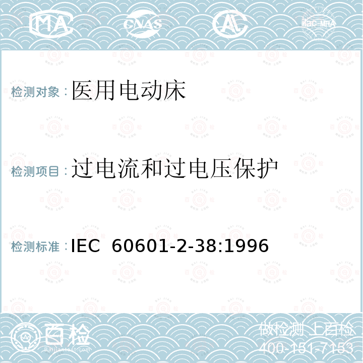 过电流和过电压保护 医用电气设备 第2部分：医院电动床安全专用要求 IEC 60601-2-38:1996