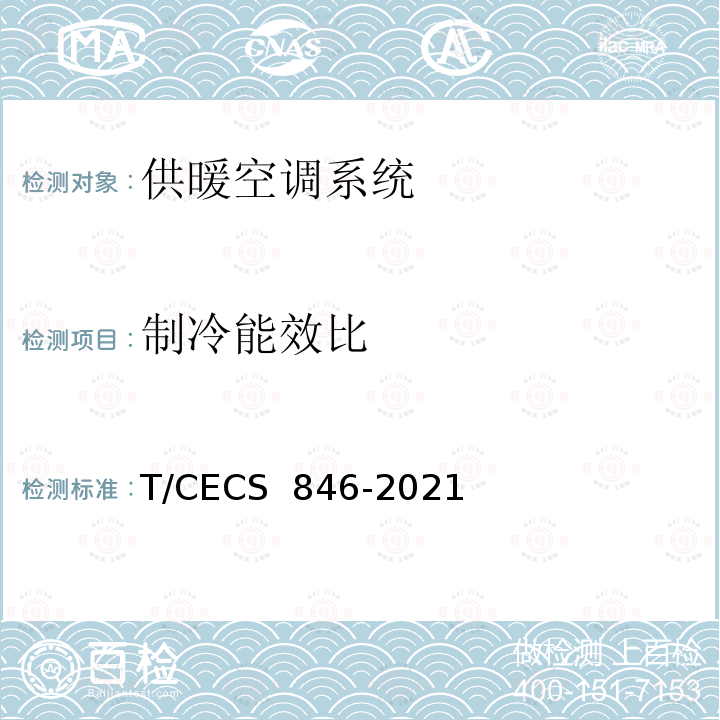 制冷能效比 CECS 846-2021 《夏热冬冷地区供暖空调系统性能检测标准》 T/