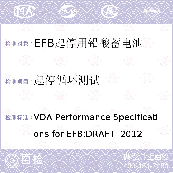 起停循环测试 VDA Performance Specifications for EFB:DRAFT  2012 德国汽车工业协会EFB起停用电池要求规范 VDA Performance Specifications for EFB:DRAFT 2012