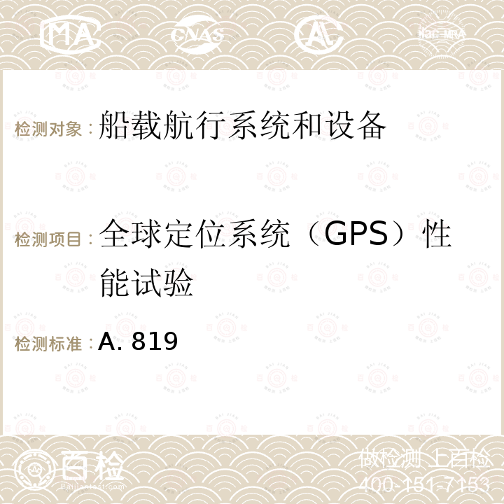 全球定位系统（GPS）性能试验 A. 819 船用全球定位系统(GPS)接收机设备性能标准 A.819(19)
