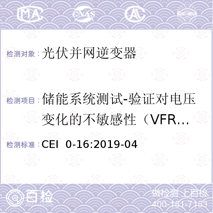 储能系统测试-验证对电压变化的不敏感性（VFRT能力） CEI  0-16:2019-04 对于主动和被动连接到高压、中压公共电网用户设备的技术参考规范 CEI 0-16:2019-04