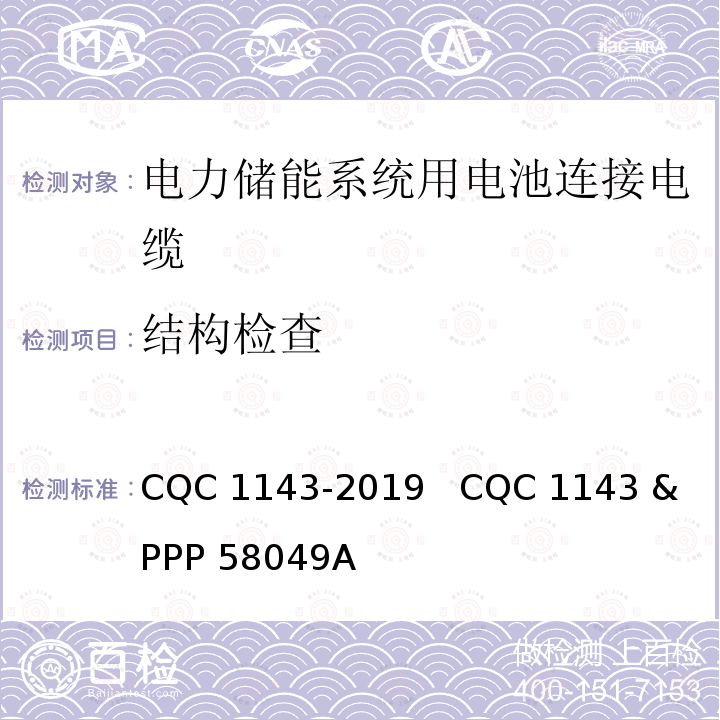 结构检查 电力储能系统用电池连接电缆认证技术规范 CQC1143-2019   CQC 1143 & PPP 58049A