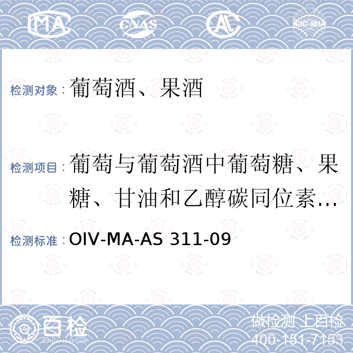 葡萄与葡萄酒中葡萄糖、果糖、甘油和乙醇碳同位素比值 OIV-MA-AS 311-09 液相色谱联用同位素比质谱法测定 OIV-MA-AS311-09