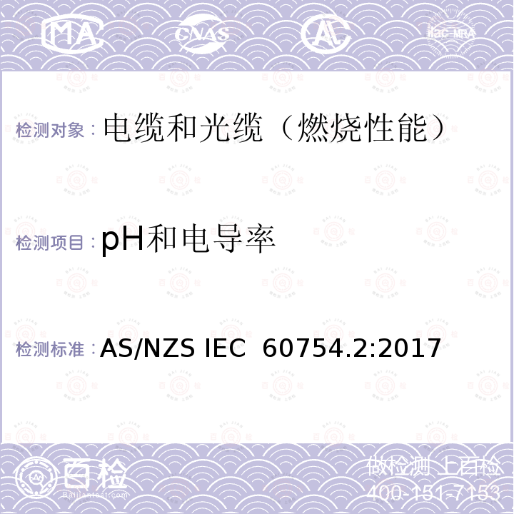 pH和电导率 取自电缆的材料燃烧时释出气体的试验. 酸度(通过pH测量)和电导率的测定 AS/NZS IEC 60754.2:2017