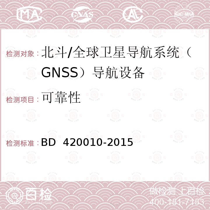 可靠性 北斗/全球卫星导航系统（GNSS）导航设备通用规范  BD 420010-2015