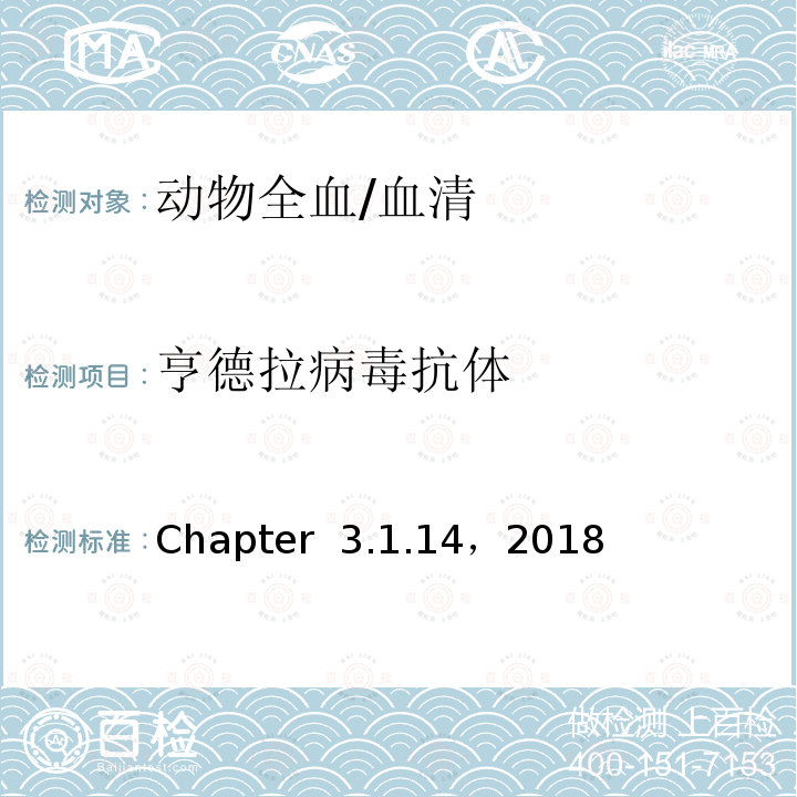 亨德拉病毒抗体 陆生动物诊断试验和疫苗手册 世界动物卫生组织《》 Chapter 3.1.14，2018