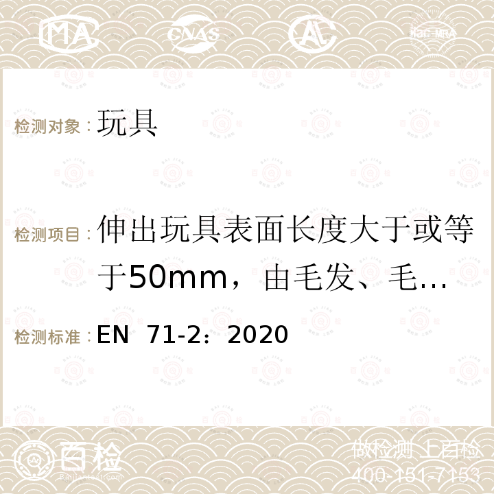 伸出玩具表面长度大于或等于50mm，由毛发、毛绒或其他类似材料制成的胡须、触须、假发等相关试验 EN 71-2:2020 玩具安全 第2部分：燃烧性能 EN 71-2：2020