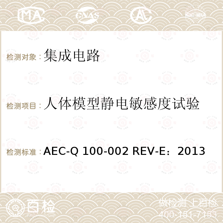 人体模型静电敏感度试验 AEC-Q 100-002 REV-E：2013 人体模型静电放电试验 AEC-Q100-002 REV-E：2013