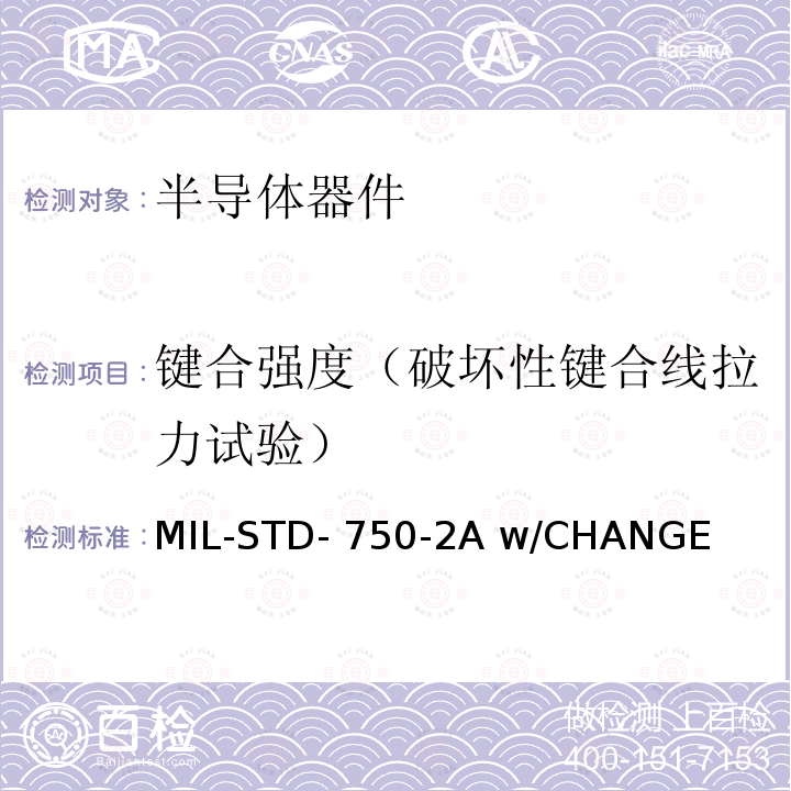 键合强度（破坏性键合线拉力试验） MIL-STD- 750-2A w/CHANGE 半导体器件的环境试验方法 第2部分：方法2000至2999 MIL-STD-750-2A w/CHANGE 4