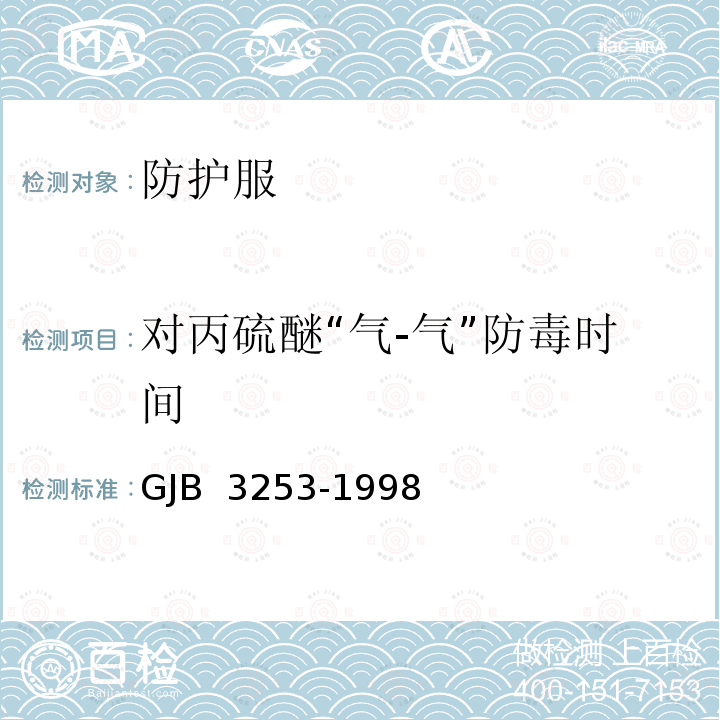 对丙硫醚“气-气”防毒时间 GJB 3253-1998 阻燃伪装防毒服规范 