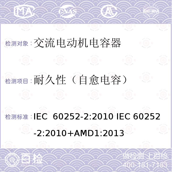 耐久性（自愈电容） 交流电动机电容器 第2部分:电动机起动电容器                  IEC 60252-2:2010 IEC 60252-2:2010+AMD1:2013