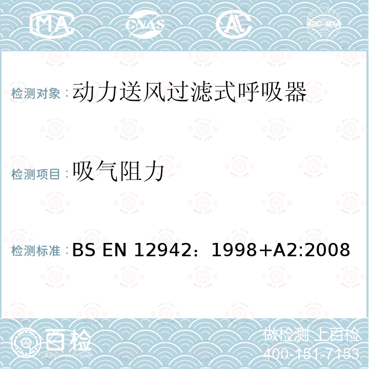 吸气阻力 BS EN12942:1998 呼吸防护用品 带全面罩、半面罩和四分之一面罩的动力送风过滤式呼吸器 要求、试验、标识 BS EN12942：1998+A2:2008