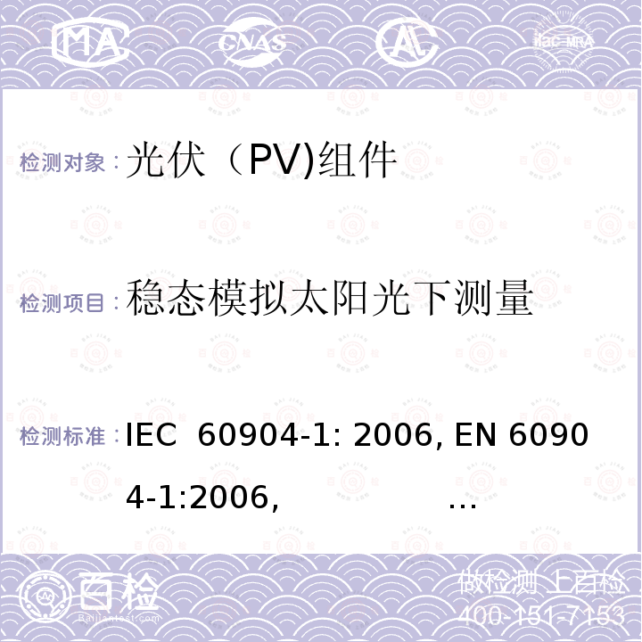 稳态模拟太阳光下测量 光伏器件第1部分: 光伏电流-电压特性的测量 IEC 60904-1: 2006, EN 60904-1:2006,                      GB 6495.1-1996