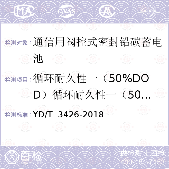 循环耐久性一（50%DOD）循环耐久性一（50%DOD） YD/T 3426-2018 通信用阀控式密封铅碳蓄电池