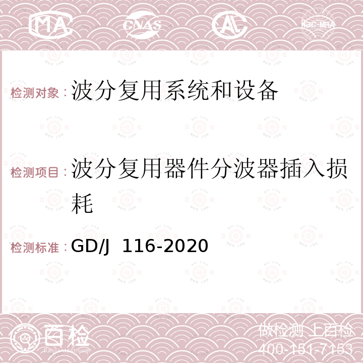 波分复用器件分波器插入损耗 GD/J 116-2020 波分复用系统设备技术要求和测量方法 