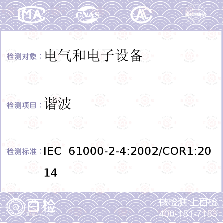 谐波 电磁兼容性(EMC).环境.低频干扰的工业制造场的电磁兼容等级 IEC 61000-2-4:2002/COR1:2014