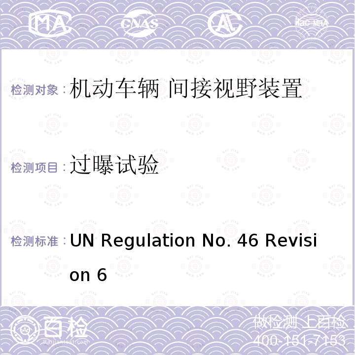 过曝试验 UN Regulation No. 46 Revision 6 关于批准后视镜和就后视镜的安装方面批准机动车辆的统一规定 UN Regulation No.46 Revision 6