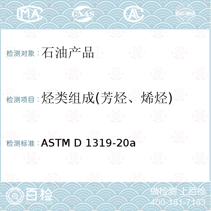 烃类组成(芳烃、烯烃) ASTM D1319-20 液体石油产品烃类的测定 荧光指示剂吸附法 a