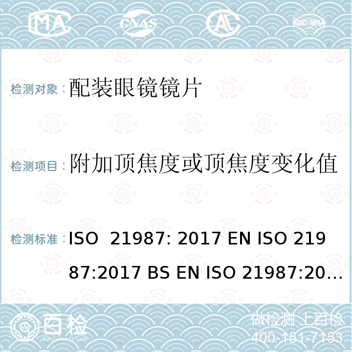 附加顶焦度或顶焦度变化值 眼科光学-配装眼镜镜片 ISO 21987: 2017 EN ISO 21987:2017 BS EN ISO 21987:2017