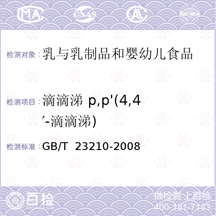 滴滴涕 p,p'(4,4′-滴滴涕) GB/T 23210-2008 牛奶和奶粉中511种农药及相关化学品残留量的测定 气相色谱-质谱法