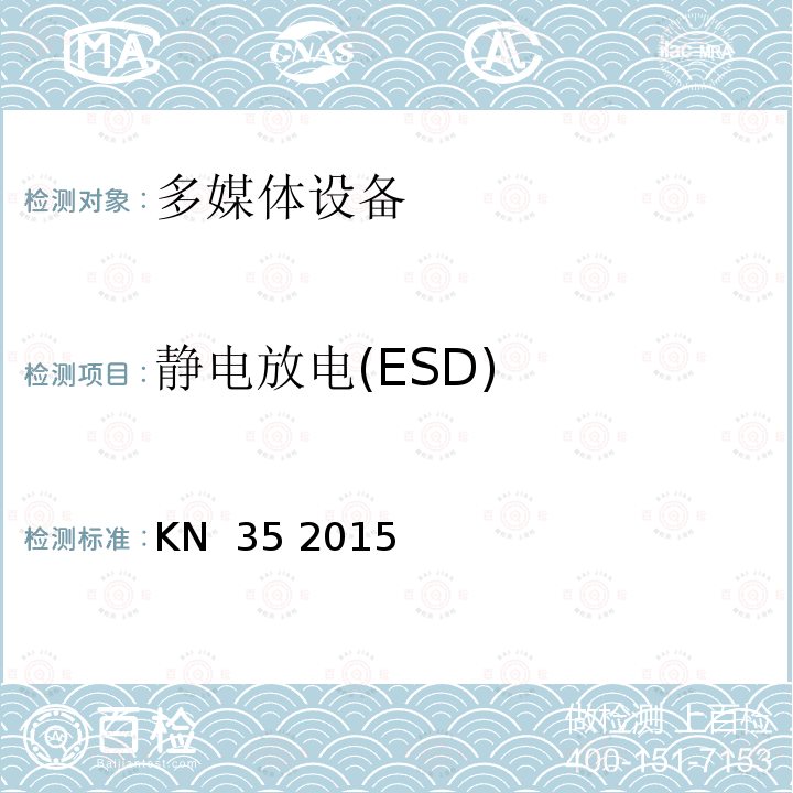 静电放电(ESD) KN  35 2015 多媒体设备的电磁兼容-发射要求 KN 35 2015