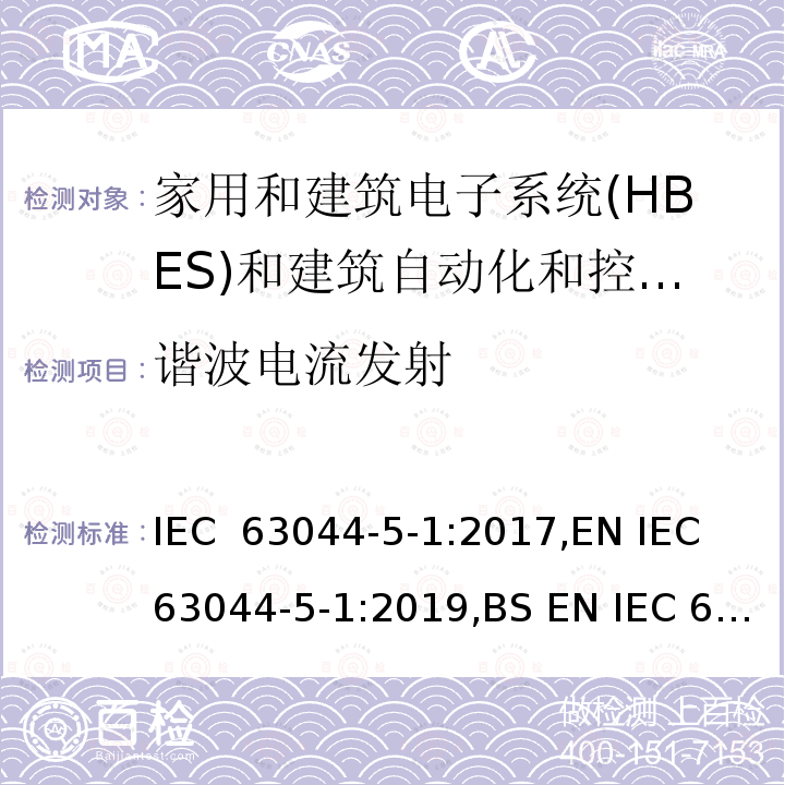 谐波电流发射 家庭和建筑电子系统(HBES)和建筑自动化   控制系统(BACS)-第5-1部分:EMC要求、条件和试验设置 IEC 63044-5-1:2017,EN IEC 63044-5-1:2019,BS EN IEC 63044-5-1:2019