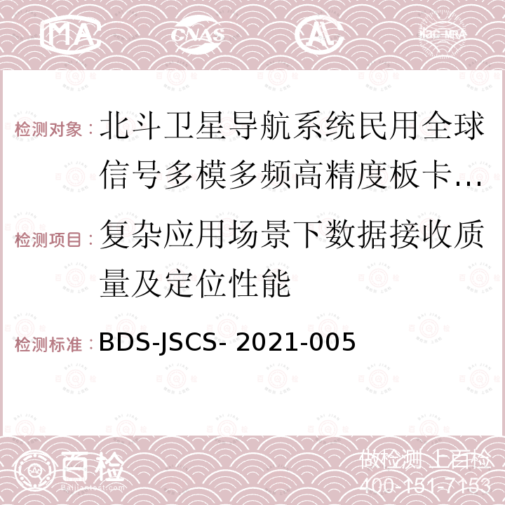 复杂应用场景下数据接收质量及定位性能 BDS-JSCS- 2021-005 北斗卫星导航系统民用全球信号多模多频高精度板卡产品 技术要求和测试方法 BDS-JSCS-2021-005