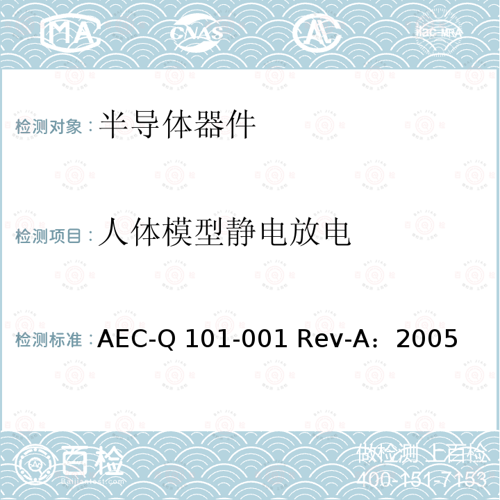 人体模型静电放电 AEC-Q 101-001 Rev-A：2005 试验 AEC-Q101-001 Rev-A：2005