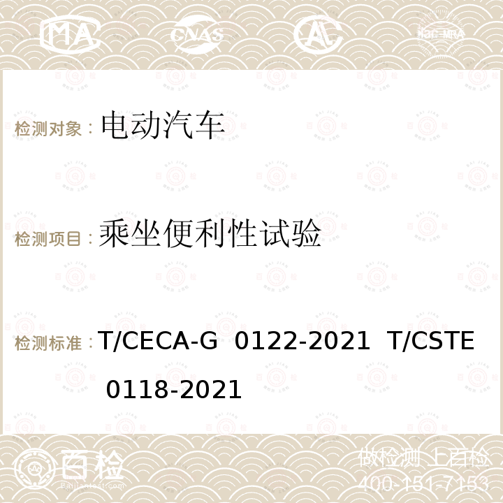 乘坐便利性试验 T/CECA-G 0122-2021 “领跑者”标准评价要求 纯电动城市客车   T/CSTE 0118-2021