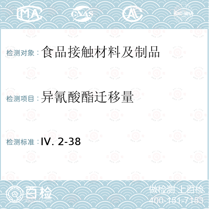 异氰酸酯迁移量 IV. 2-38 食品用器具、容器、包装的标准与规范(韩国食品药品安全部)(2021) IV.2-38  