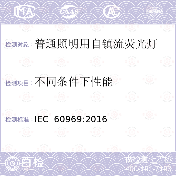 不同条件下性能 普通照明用自镇流紧凑型荧光灯 性能要求 IEC 60969:2016 （Edition 2.0）