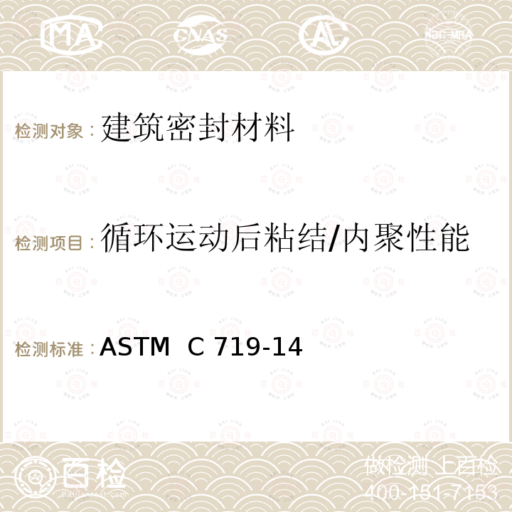 循环运动后粘结/内聚性能 《密封胶循环运动后粘结/内聚性能测定的标准试验方法》 ASTM  C719-14(2019)