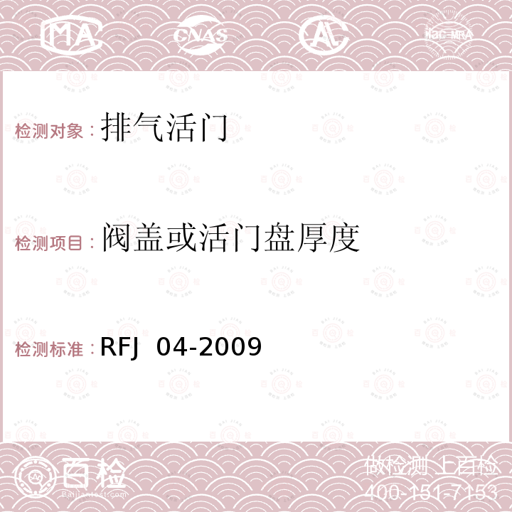 阀盖或活门盘厚度 人民防空工程防护设备试验测试与质量检测标准 RFJ 04-2009