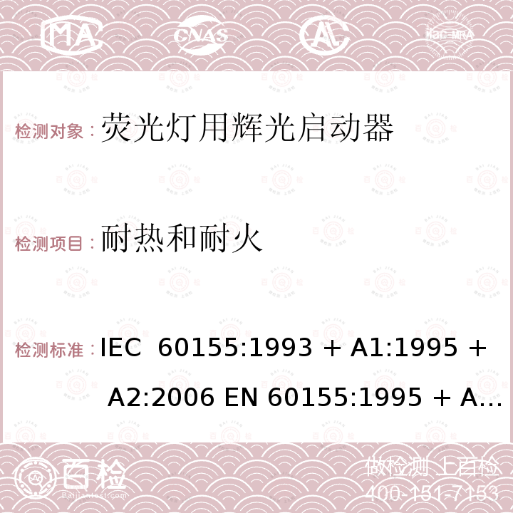 耐热和耐火 荧光灯用辉光启动器 IEC 60155:1993 + A1:1995 + A2:2006 EN 60155:1995 + A1:1995 + A2:2007