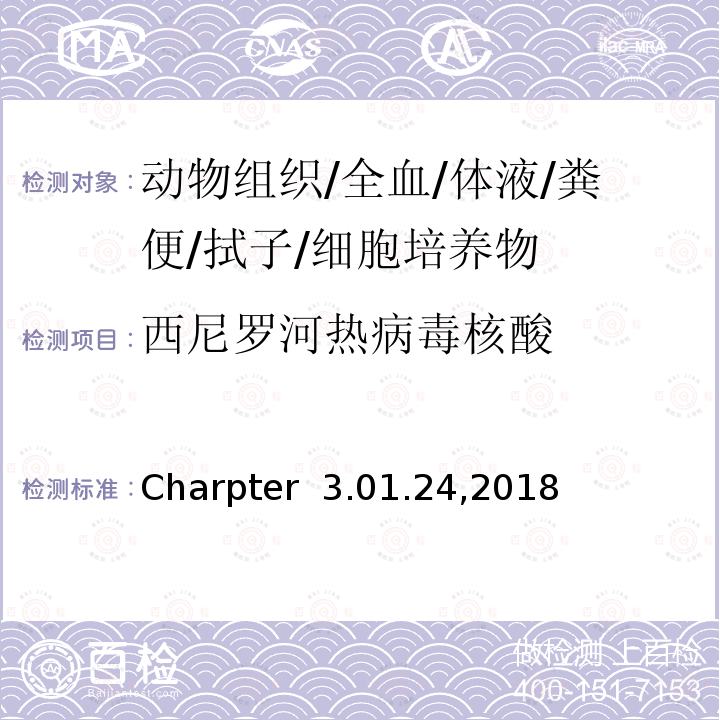 西尼罗河热病毒核酸 陆生动物诊断试验和疫苗手册 世界动物卫生组织《》 Charpter 3.01.24,2018