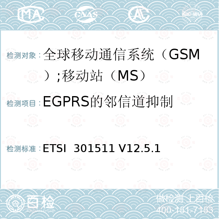 EGPRS的邻信道抑制 ETSI  301511 V12.5.1 《全球移动通信系统（GSM）;移动站（MS）设备;统一标准涵盖了2014/53 / EU指令第3.2条的基本要求》 ETSI 301511 V12.5.1