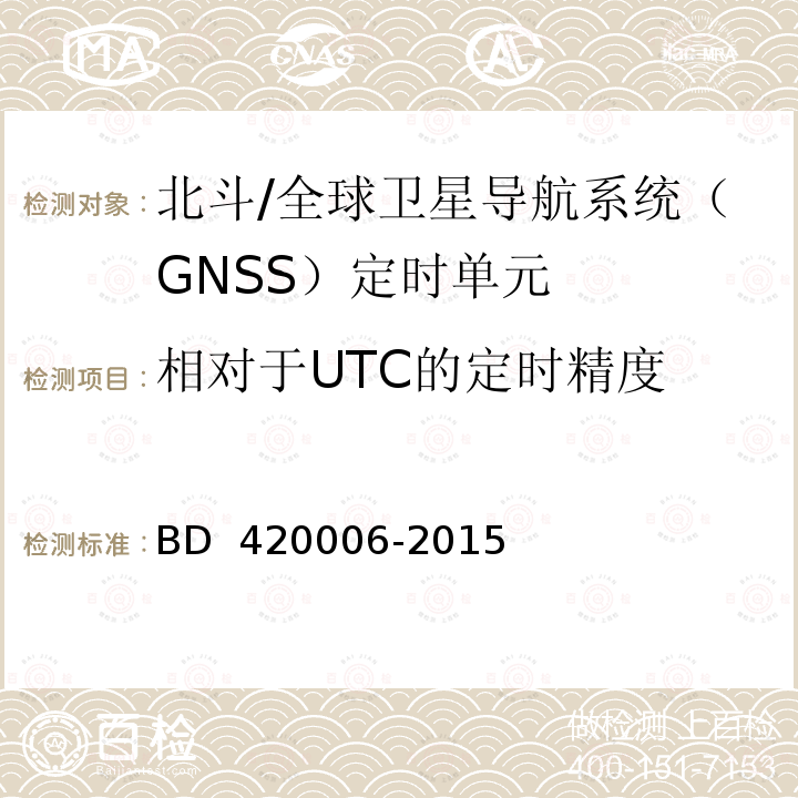 相对于UTC的定时精度 20006-2015 北斗/全球卫星导航系统（GNSS）定时单元性能及测试方法 BD 4