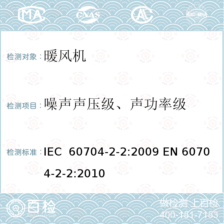 噪声声压级、声功率级 家用和类似电器.气载噪声测试规程.暖风机的详细要求 IEC 60704-2-2:2009 EN 60704-2-2:2010