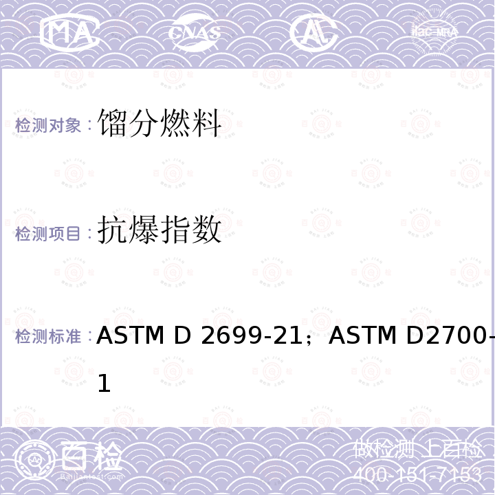 抗爆指数 ASTM D2699-21 火花点火发动机燃料辛烷值研究的标准试验方法/火花点火发动机燃料马达法辛烷值试验方法 ；ASTM D2700-21
