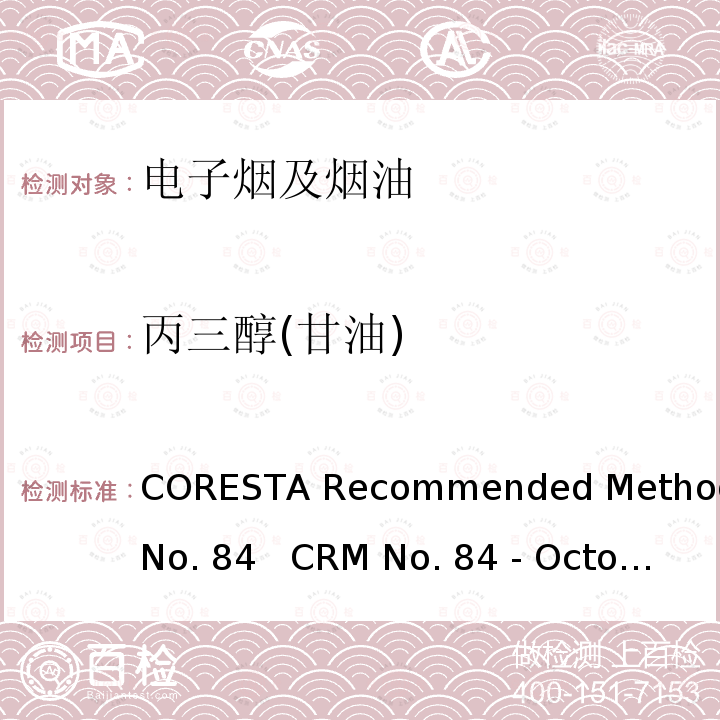 丙三醇(甘油) CORESTA Recommended Method No. 84   CRM No. 84 - October 2021 电子烟气溶胶中甘油、丙二醇、水和尼古丁的测定 - 气相色谱法 CORESTA Recommended Method No.84   CRM No. 84 - October 2021