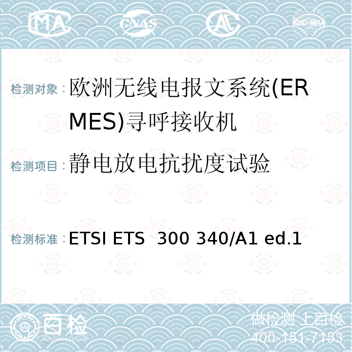 静电放电抗扰度试验 欧洲无线电报文系统(ERMES)寻呼接收机 ETSI ETS 300 340/A1 ed.1 (1997-03)